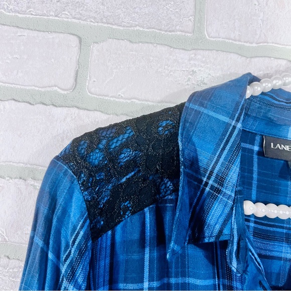 Lane Bryant Blue Plaid Button Down Lace Detail Roll Tab Sleeve Shirt Size 14/16 - Picture 7 of 10